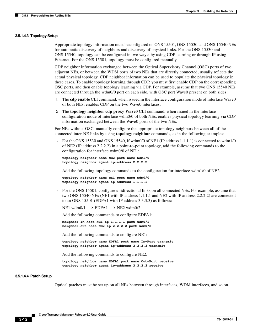 Cisco Systems 78-16845-01 manual Topology Setup, Patch Setup, 3-12 