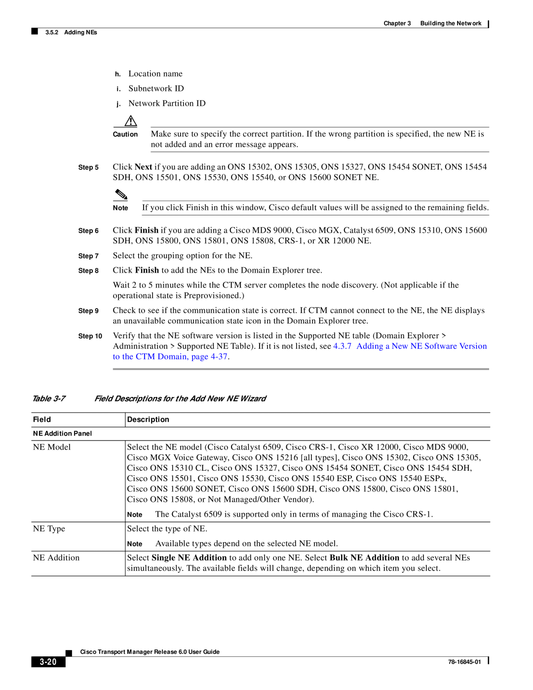 Cisco Systems 78-16845-01 manual 3-20, 7 Field Descriptions for the Add New NE Wizard, NE Addition Panel 