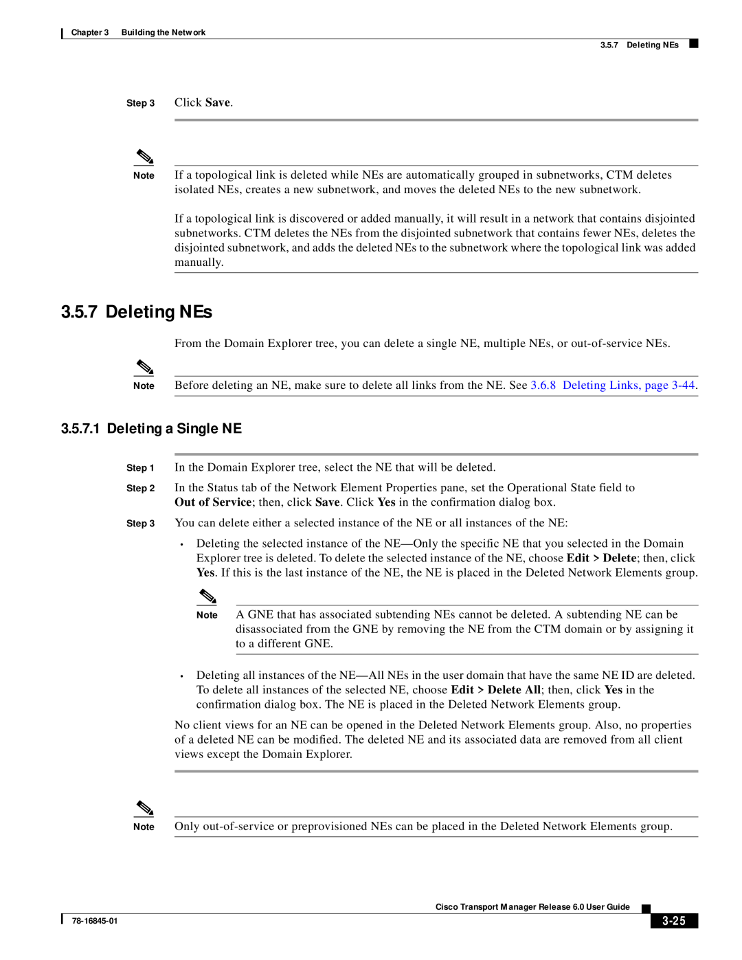 Cisco Systems 78-16845-01 manual Deleting NEs, Deleting a Single NE, 3-25 