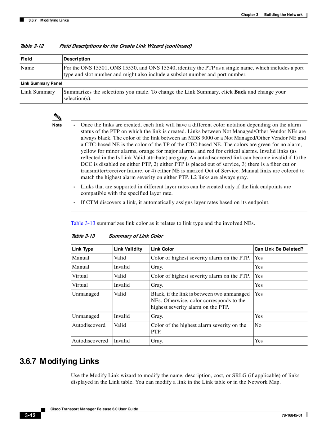 Cisco Systems 78-16845-01 manual Modifying Links, 3-42, 12 Field Descriptions for the Create Link Wizard continued 
