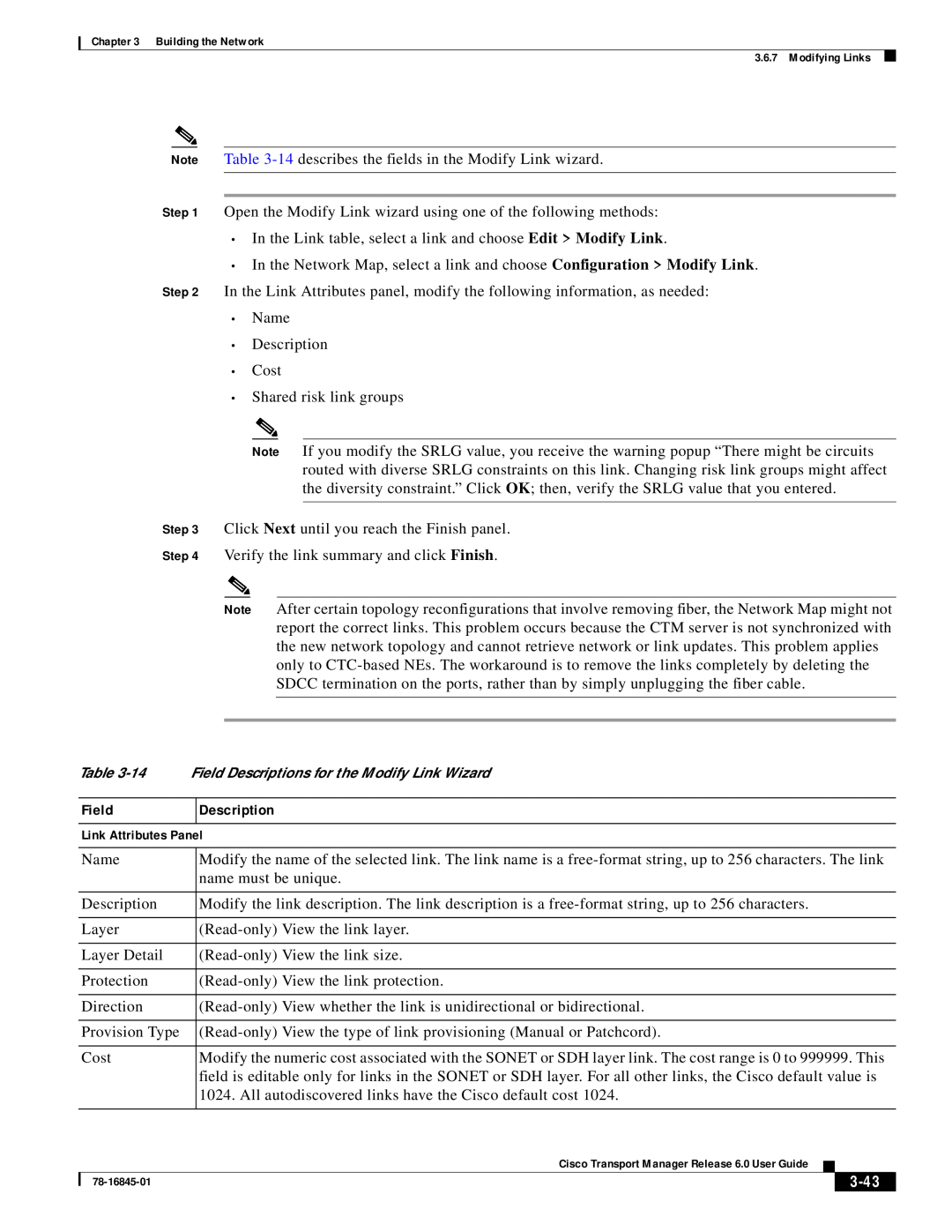 Cisco Systems 78-16845-01 manual 3-43, 14 Field Descriptions for the Modify Link Wizard 
