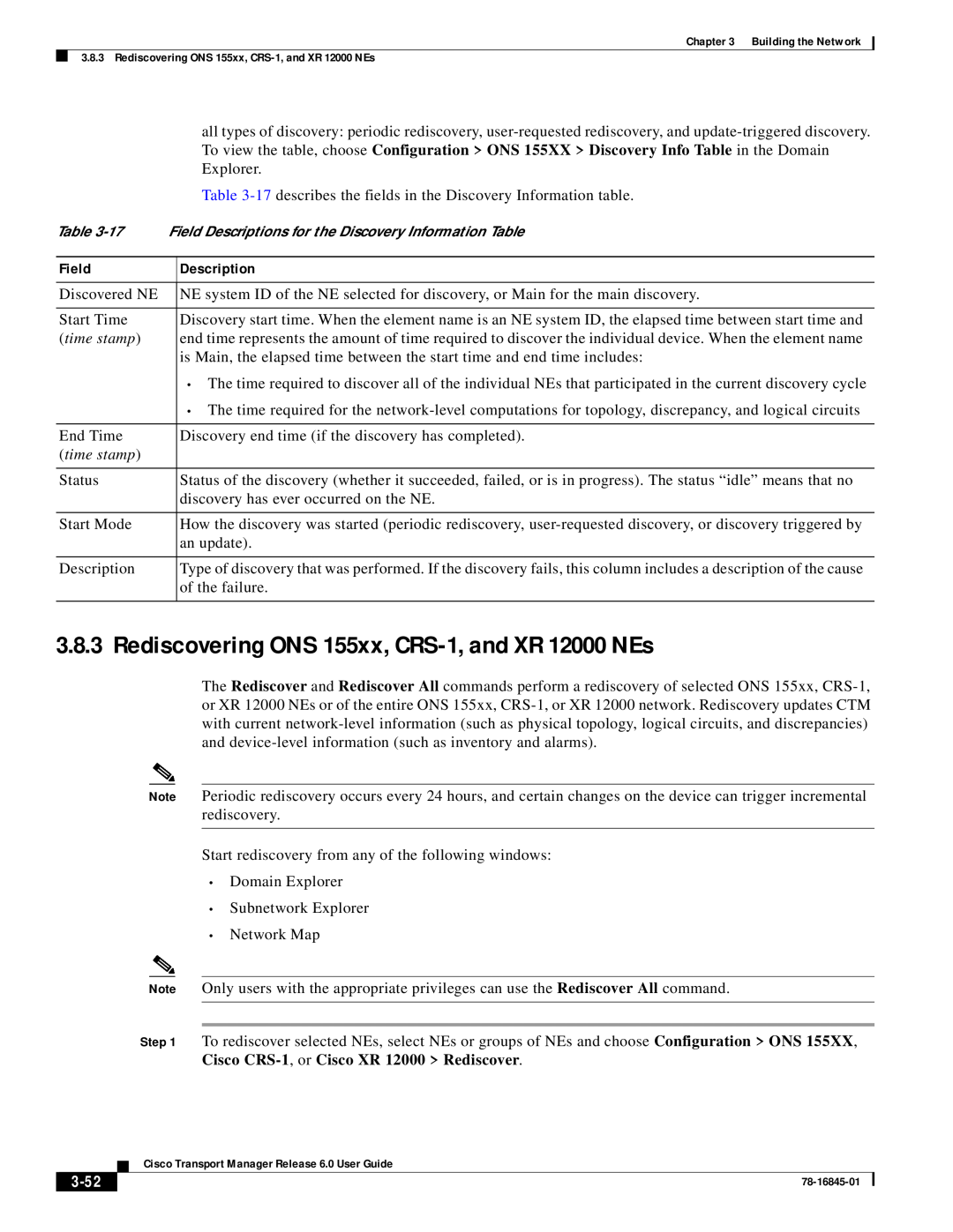 Cisco Systems 78-16845-01 manual Rediscovering ONS 155xx, CRS-1, and XR 12000 NEs, time stamp, 3-52 