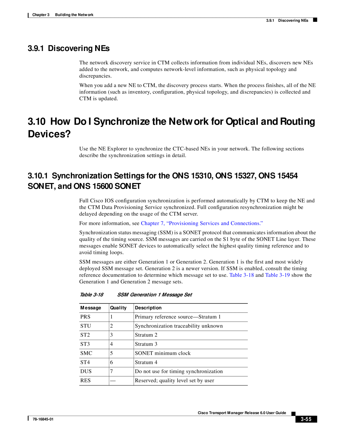Cisco Systems 78-16845-01 manual Discovering NEs, 3-55, SSM Generation 1 Message Set 