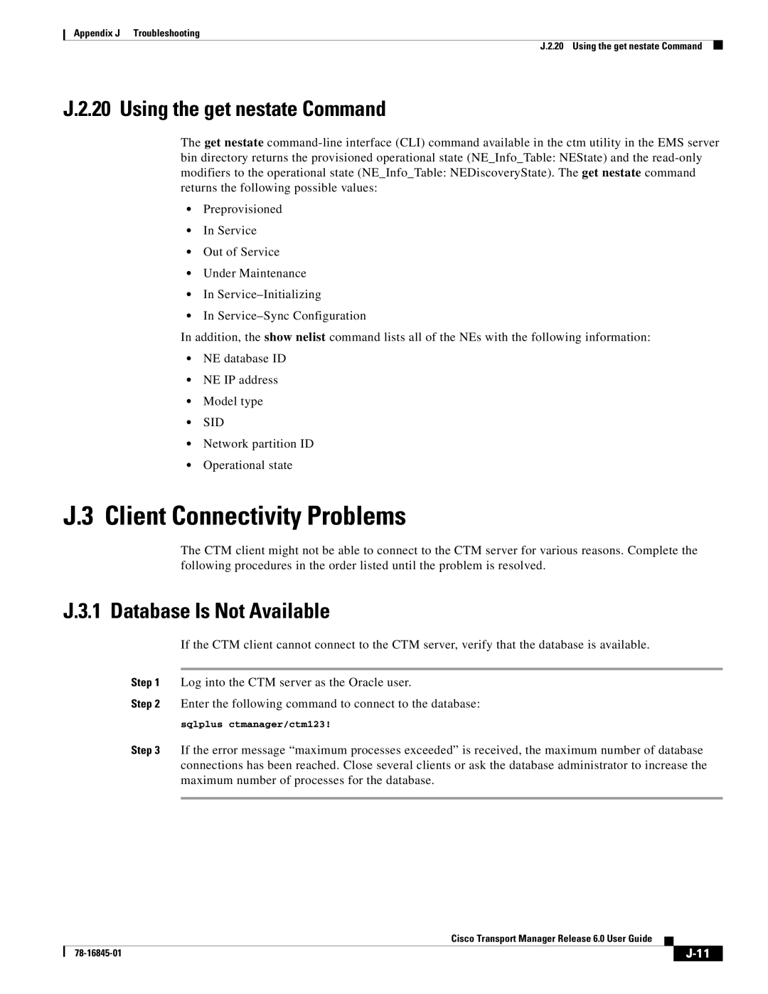 Cisco Systems 78-16845-01 appendix Using the get nestate Command, Database Is Not Available 