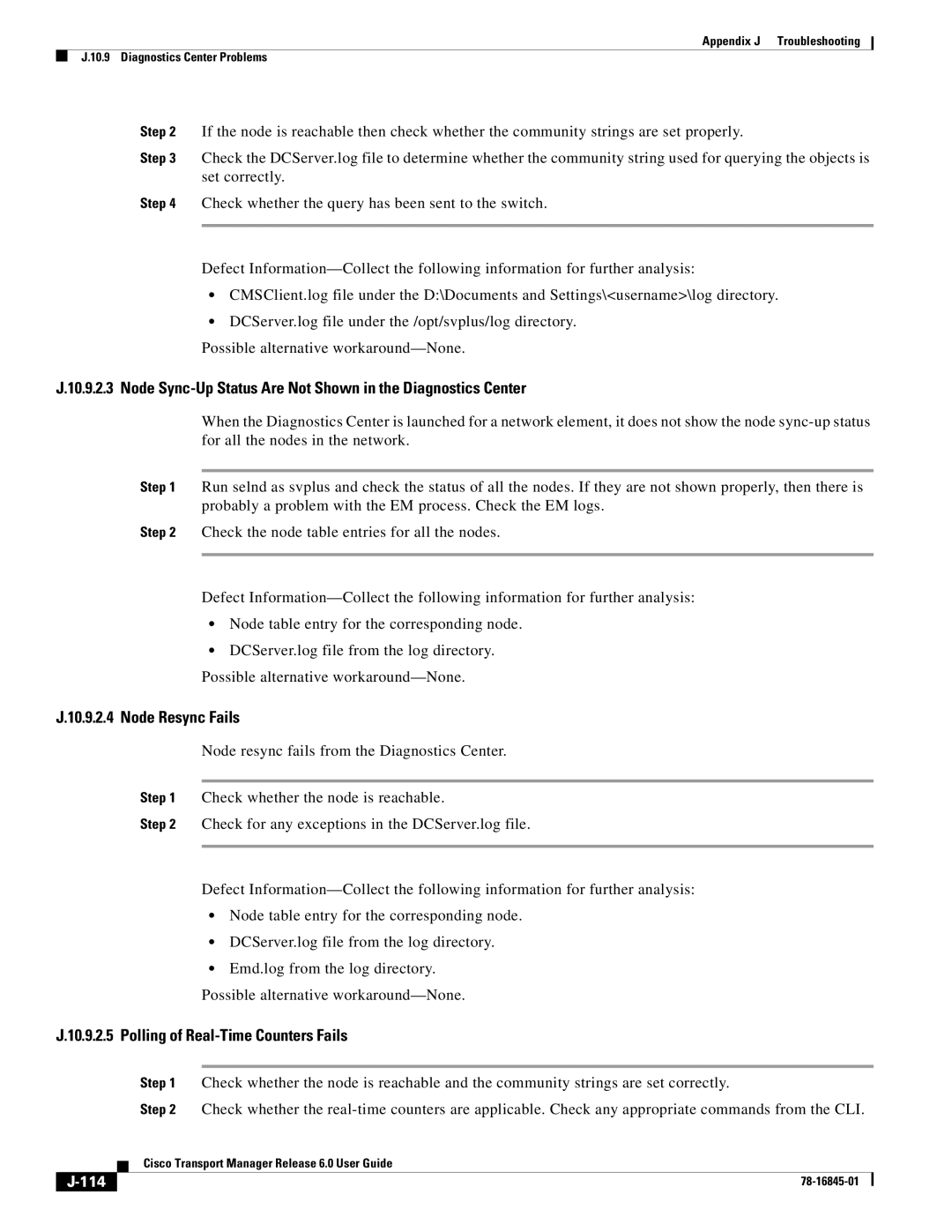 Cisco Systems 78-16845-01 appendix Node Sync-Up Status Are Not Shown in the Diagnostics Center, Node Resync Fails, 114 