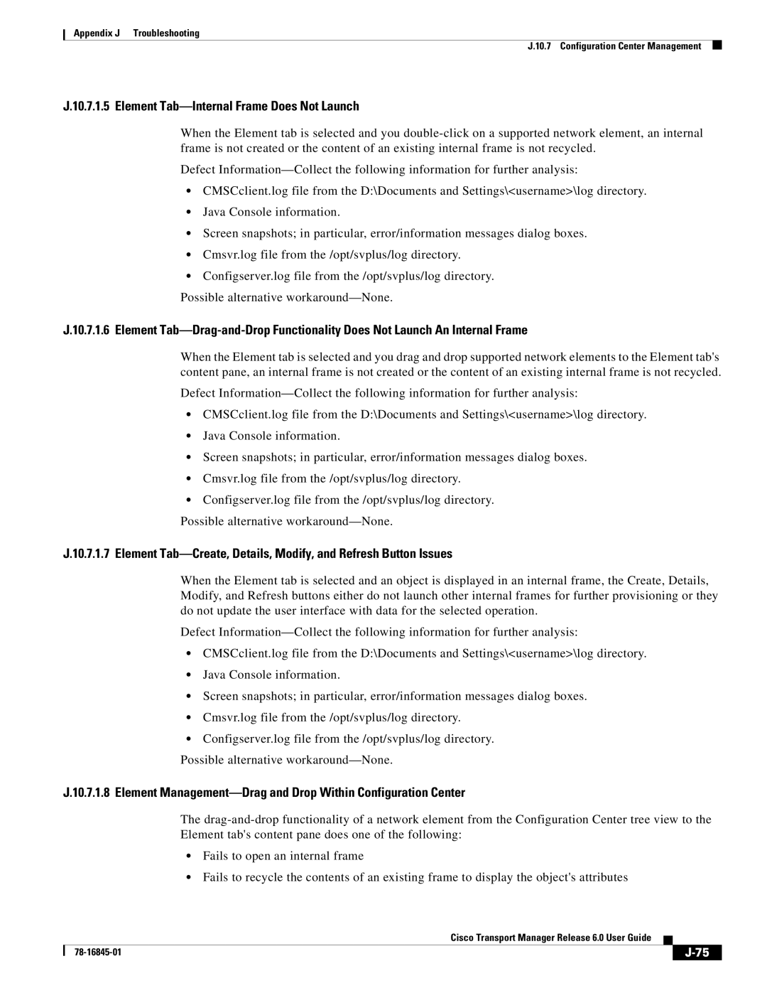 Cisco Systems 78-16845-01 appendix Element Tab-Internal Frame Does Not Launch 