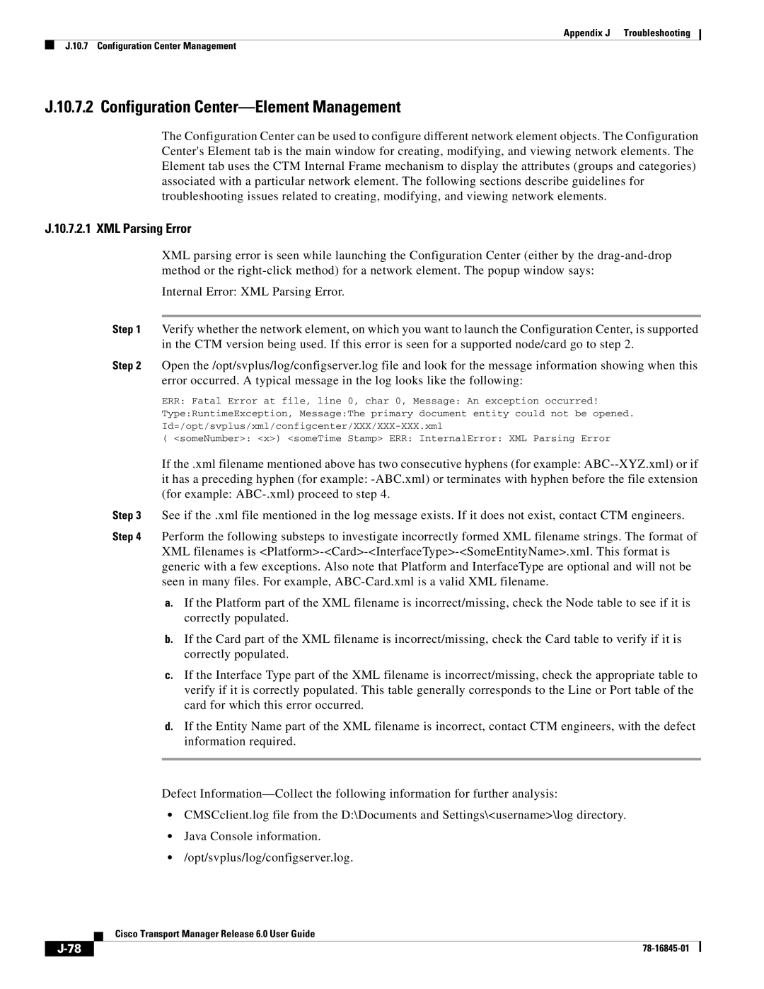 Cisco Systems 78-16845-01 appendix Configuration Center-Element Management, XML Parsing Error 