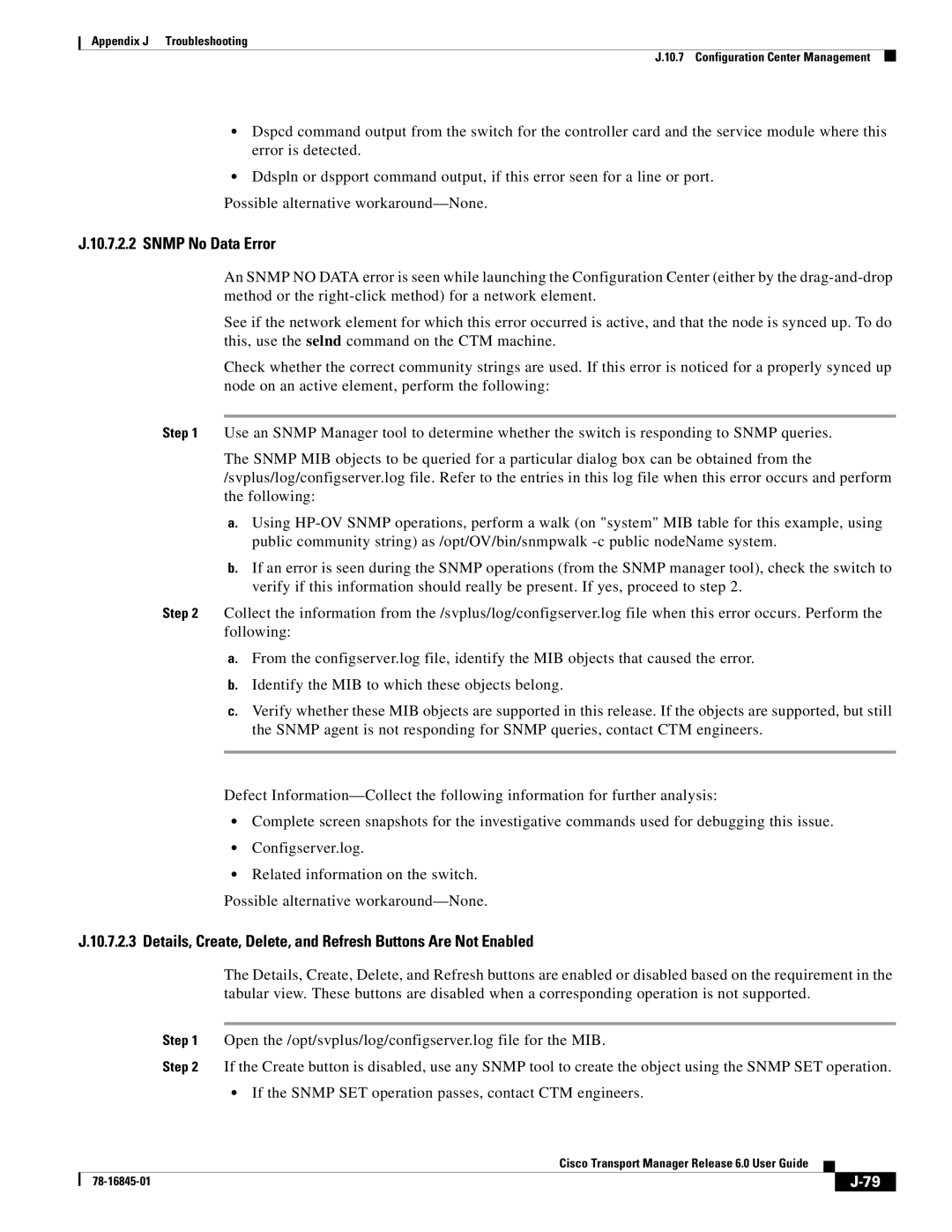 Cisco Systems 78-16845-01 appendix Snmp No Data Error, Details, Create, Delete, and Refresh Buttons Are Not Enabled 