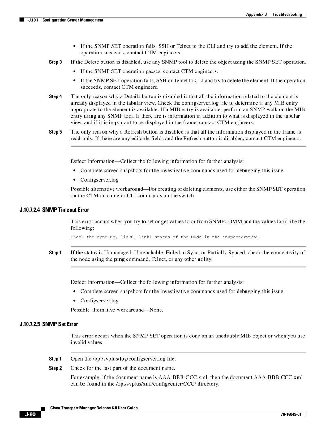 Cisco Systems 78-16845-01 appendix Snmp Timeout Error, Snmp Set Error 