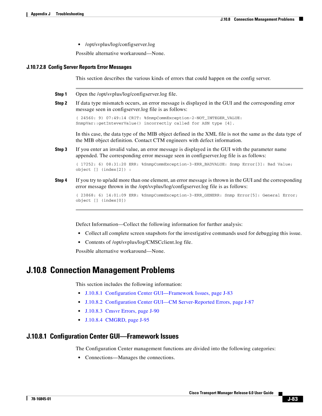 Cisco Systems 78-16845-01 appendix Connection Management Problems, Configuration Center GUI-Framework Issues 