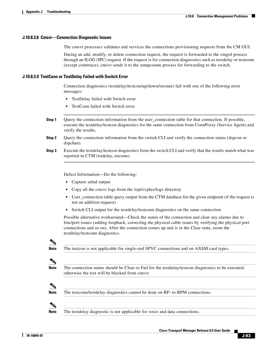 Cisco Systems 78-16845-01 appendix Cmsvr-Connection Diagnostic Issues, TestConn or TestDelay Failed with Switch Error 