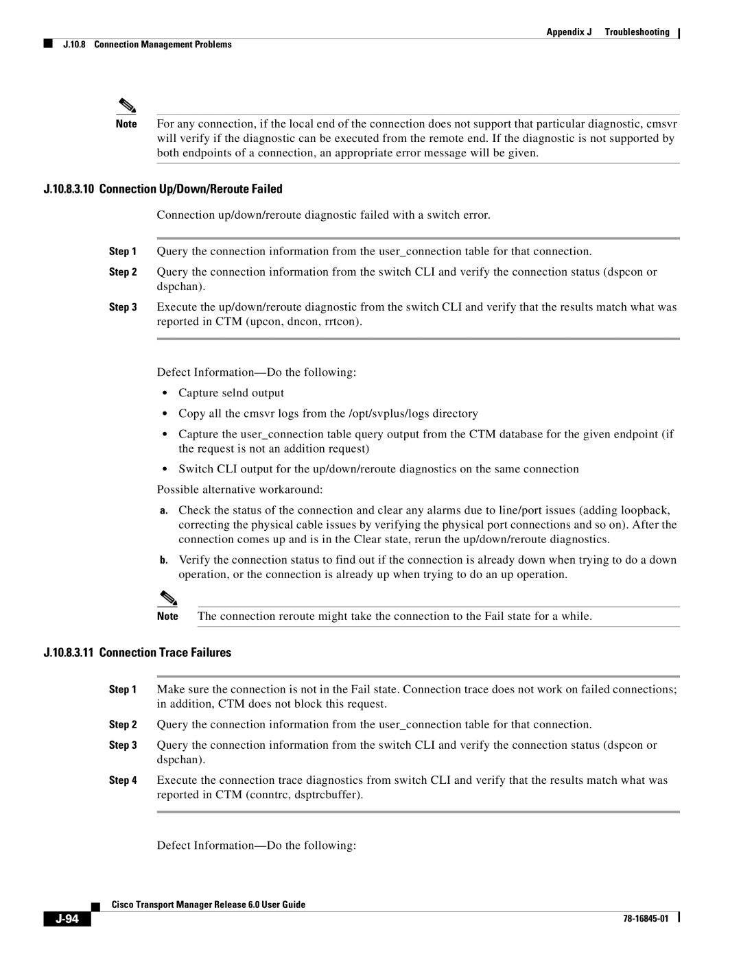 Cisco Systems 78-16845-01 appendix Connection Up/Down/Reroute Failed, Connection Trace Failures 