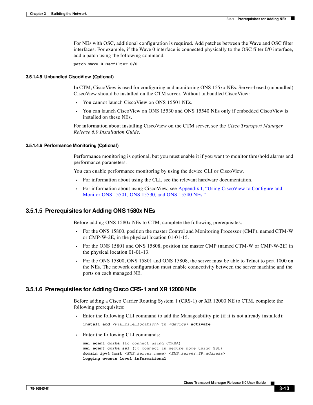 Cisco Systems 78-16845-01 Prerequisites for Adding ONS 1580x NEs, Prerequisites for Adding Cisco CRS-1 and XR 12000 NEs 