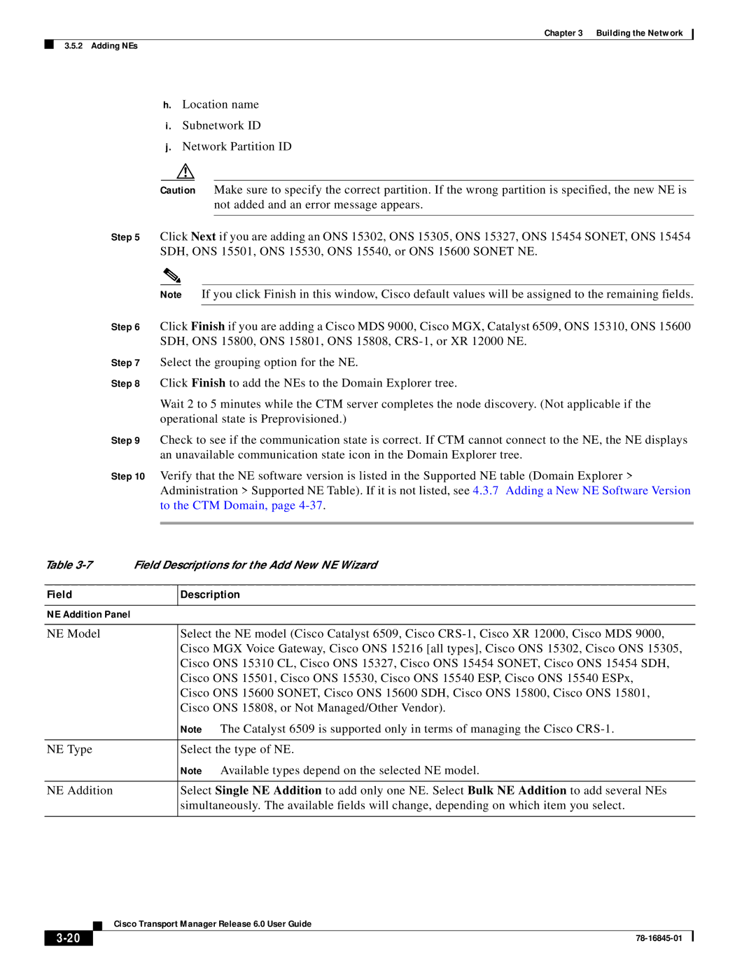 Cisco Systems 78-16845-01 manual Field Descriptions for the Add New NE Wizard 