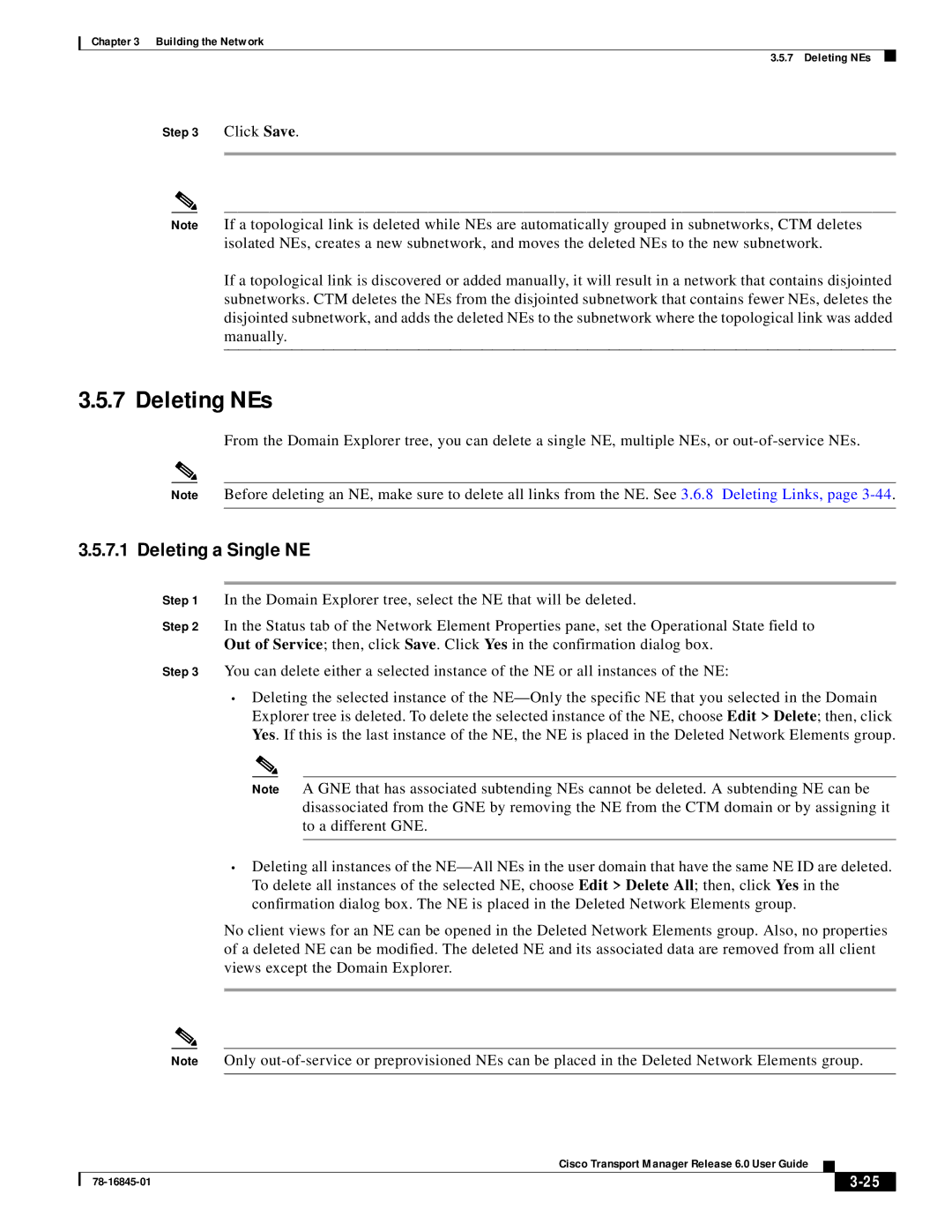 Cisco Systems 78-16845-01 manual Deleting NEs, Deleting a Single NE 