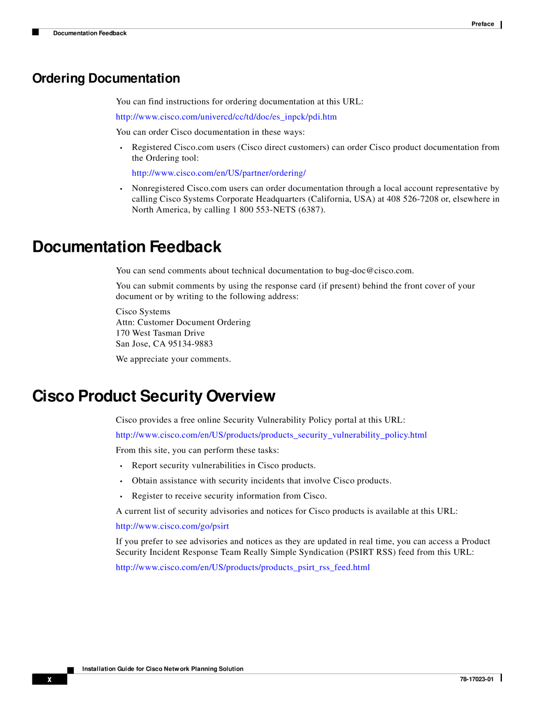 Cisco Systems 78-17023-01 manual Documentation Feedback, Cisco Product Security Overview, Ordering Documentation 