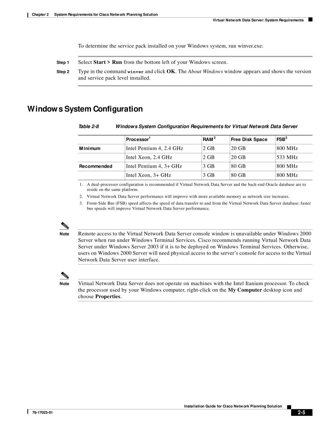 Cisco Systems 78-17023-01 manual Windows System Configuration, Free Disk Space, Minimum 