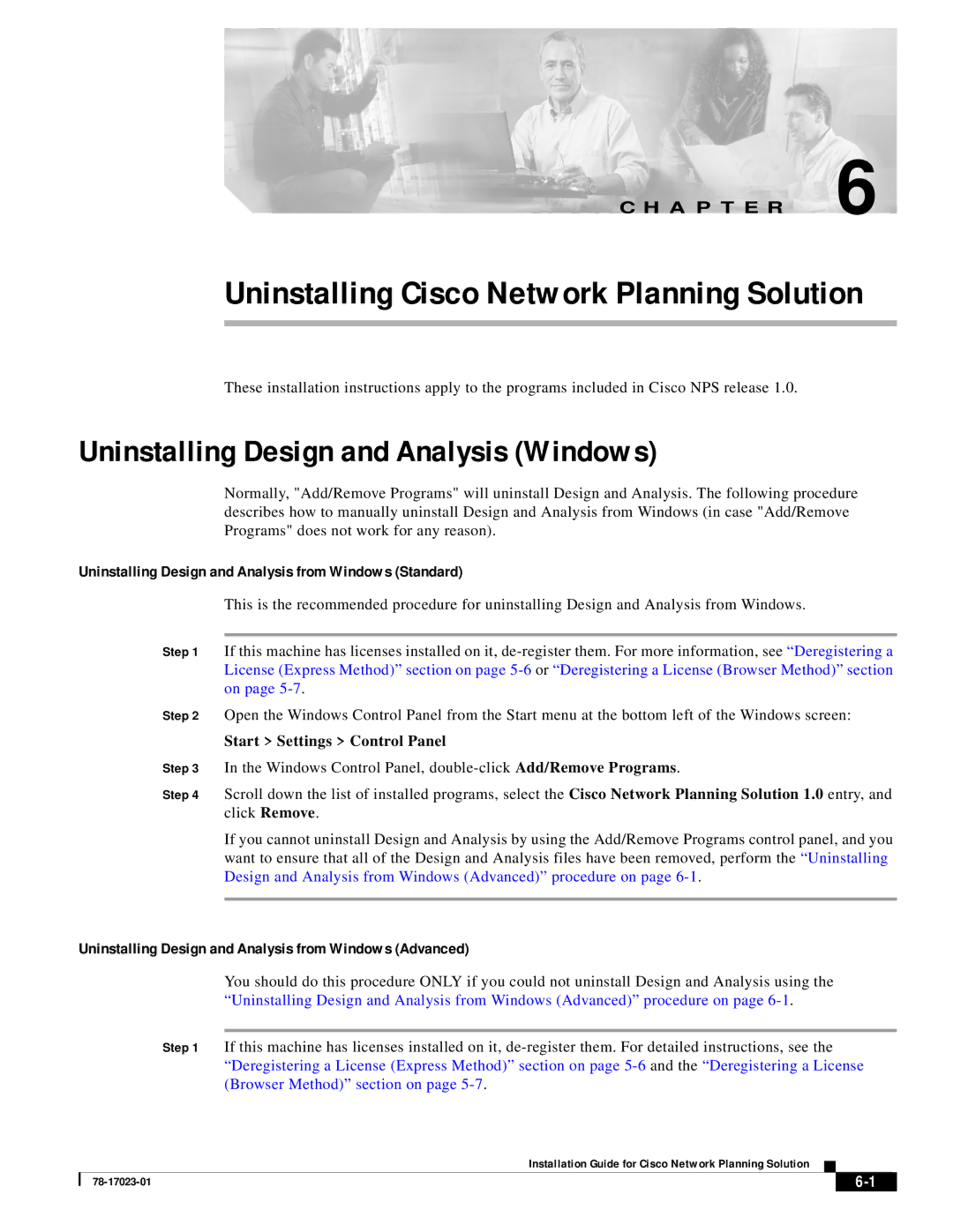 Cisco Systems 78-17023-01 manual Uninstalling Cisco Network Planning Solution, Uninstalling Design and Analysis Windows 