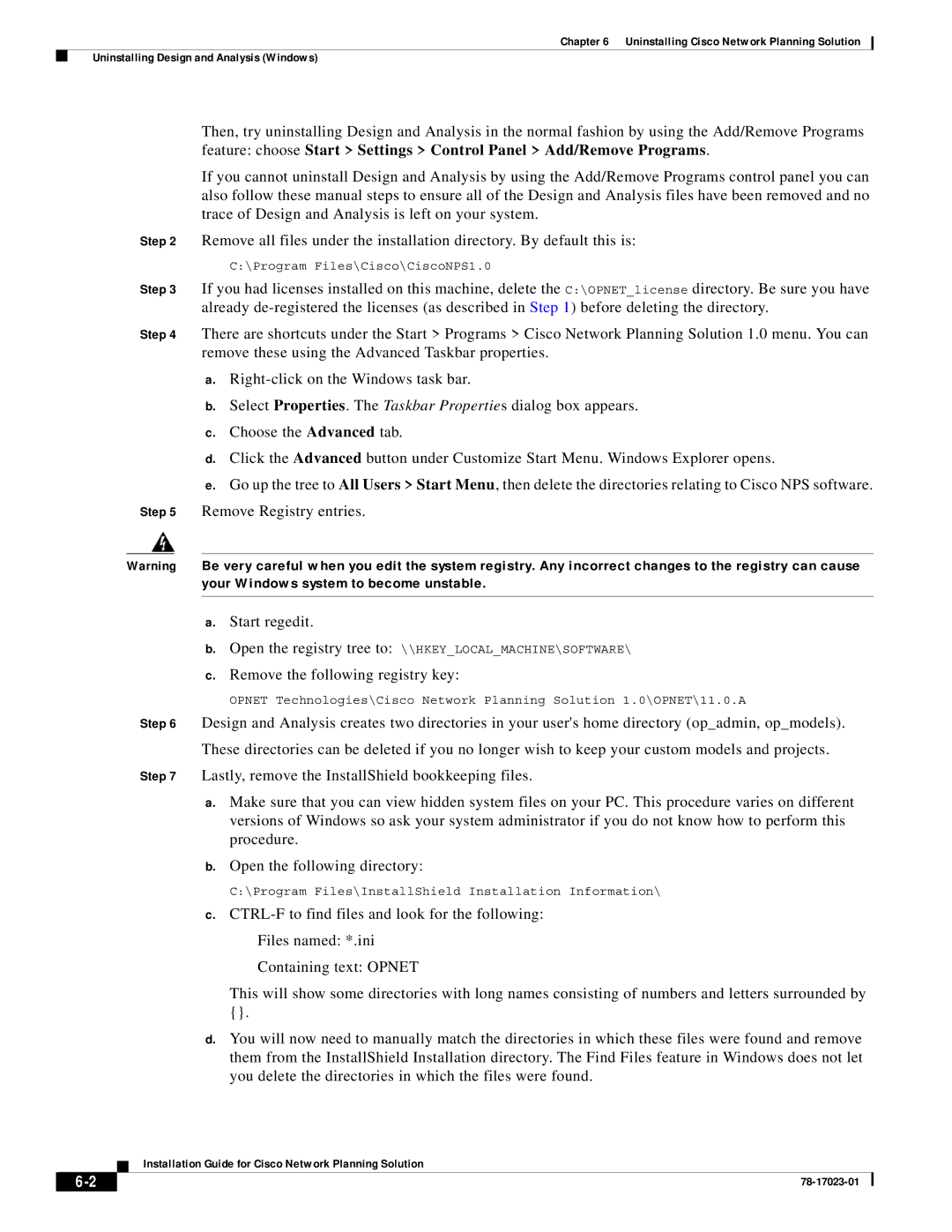 Cisco Systems 78-17023-01 manual Remove the following registry key 