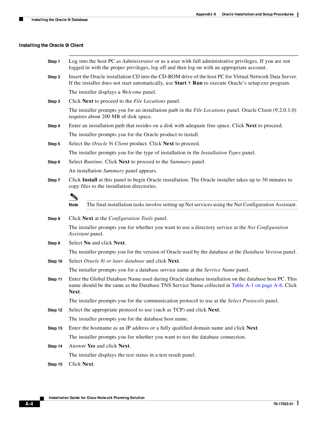 Cisco Systems 78-17023-01 manual Installing the Oracle 9i Client, Click Next at the Configuration Tools panel 