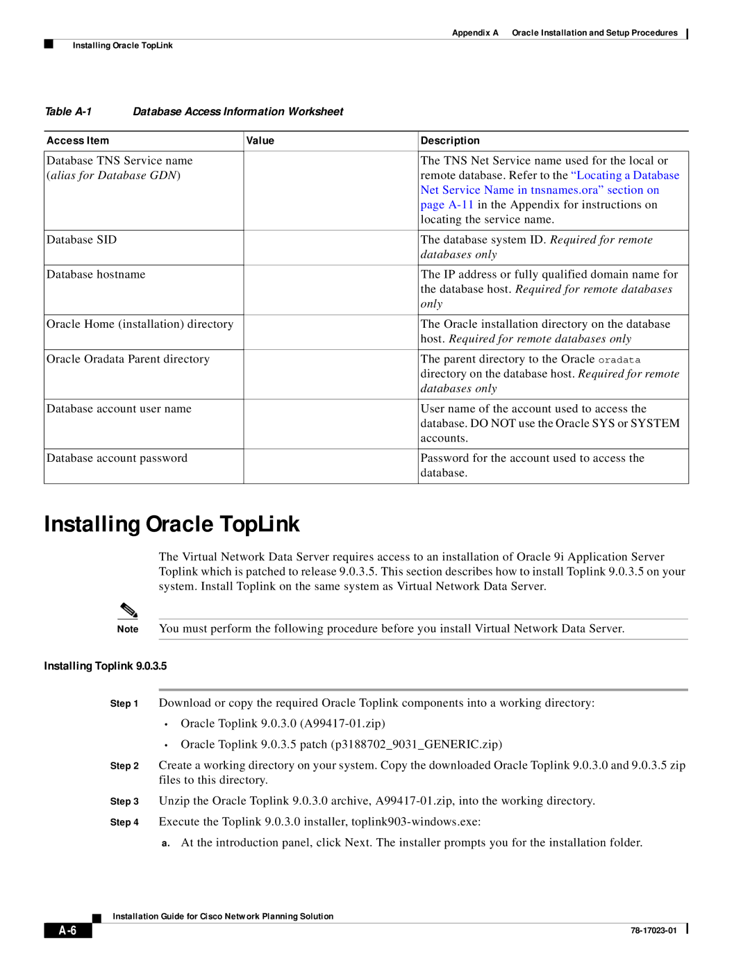 Cisco Systems 78-17023-01 manual Installing Oracle TopLink, Installing Toplink, Access Item Value Description 