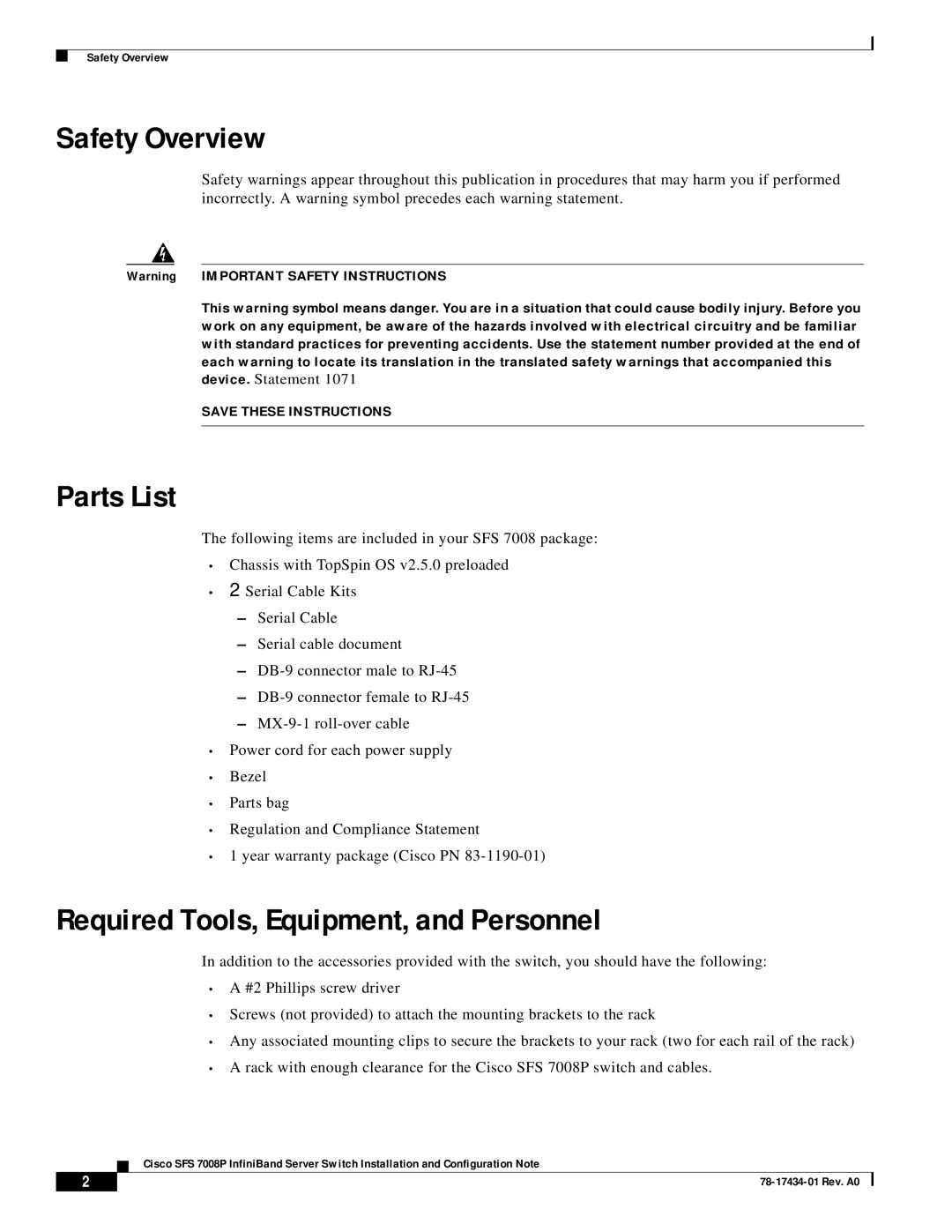 Cisco Systems 78-17434-01 Rev. A0 manual Safety Overview, Parts List, Required Tools, Equipment, and Personnel 