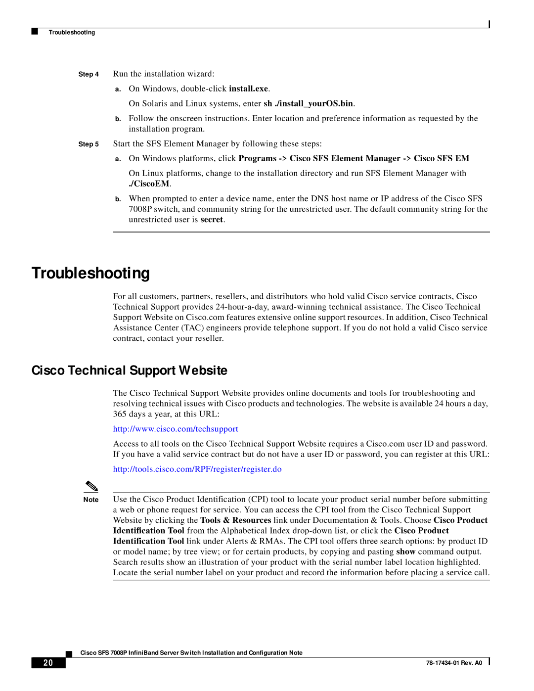 Cisco Systems 78-17434-01 Rev. A0 manual Troubleshooting, Cisco Technical Support Website 