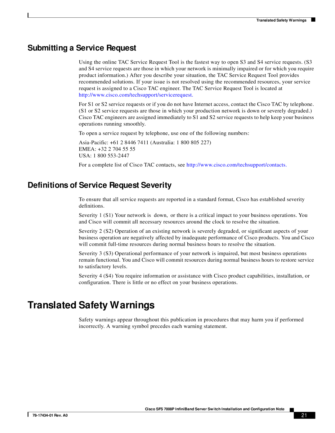 Cisco Systems Cisco SFS 7008P InfiniBand Server Switch manual Translated Safety Warnings, Submitting a Service Request 