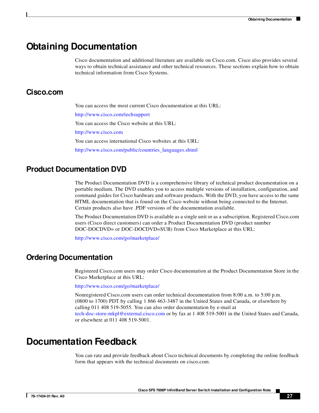 Cisco Systems Cisco SFS 7008P InfiniBand Server Switch manual Obtaining Documentation, Documentation Feedback, Cisco.com 