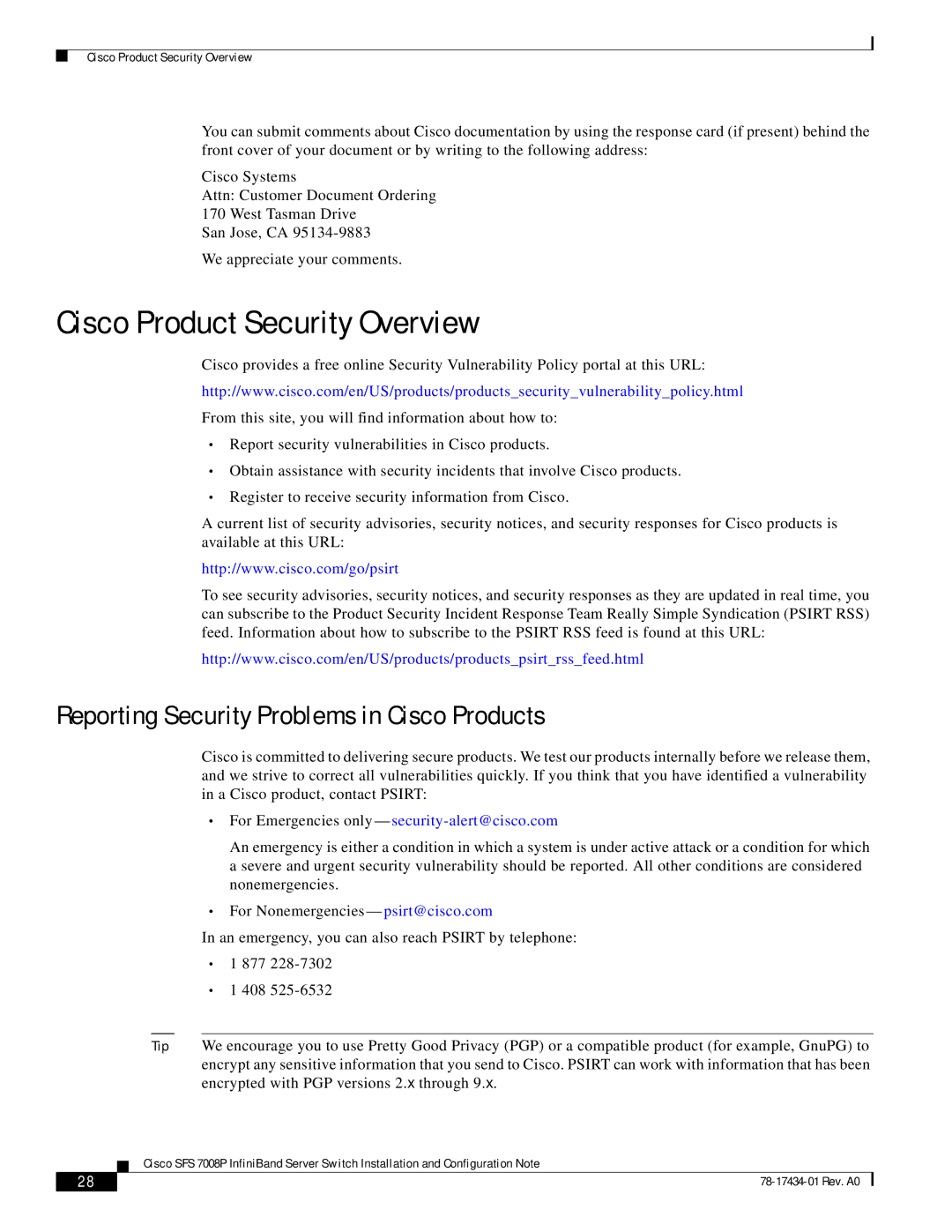 Cisco Systems 78-17434-01 Rev. A0 manual Cisco Product Security Overview, Reporting Security Problems in Cisco Products 