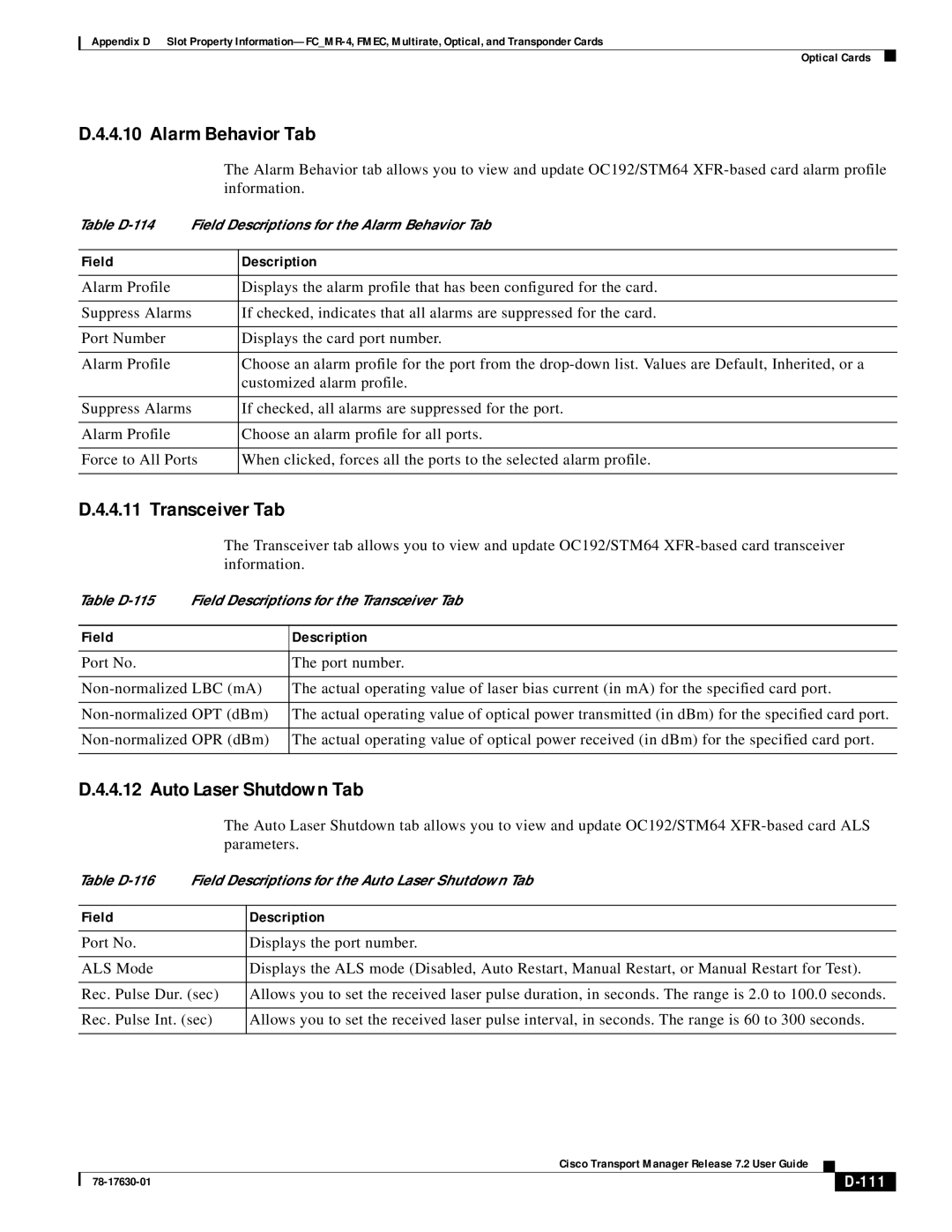 Cisco Systems 78-17630-01 appendix Alarm Behavior Tab, 111 