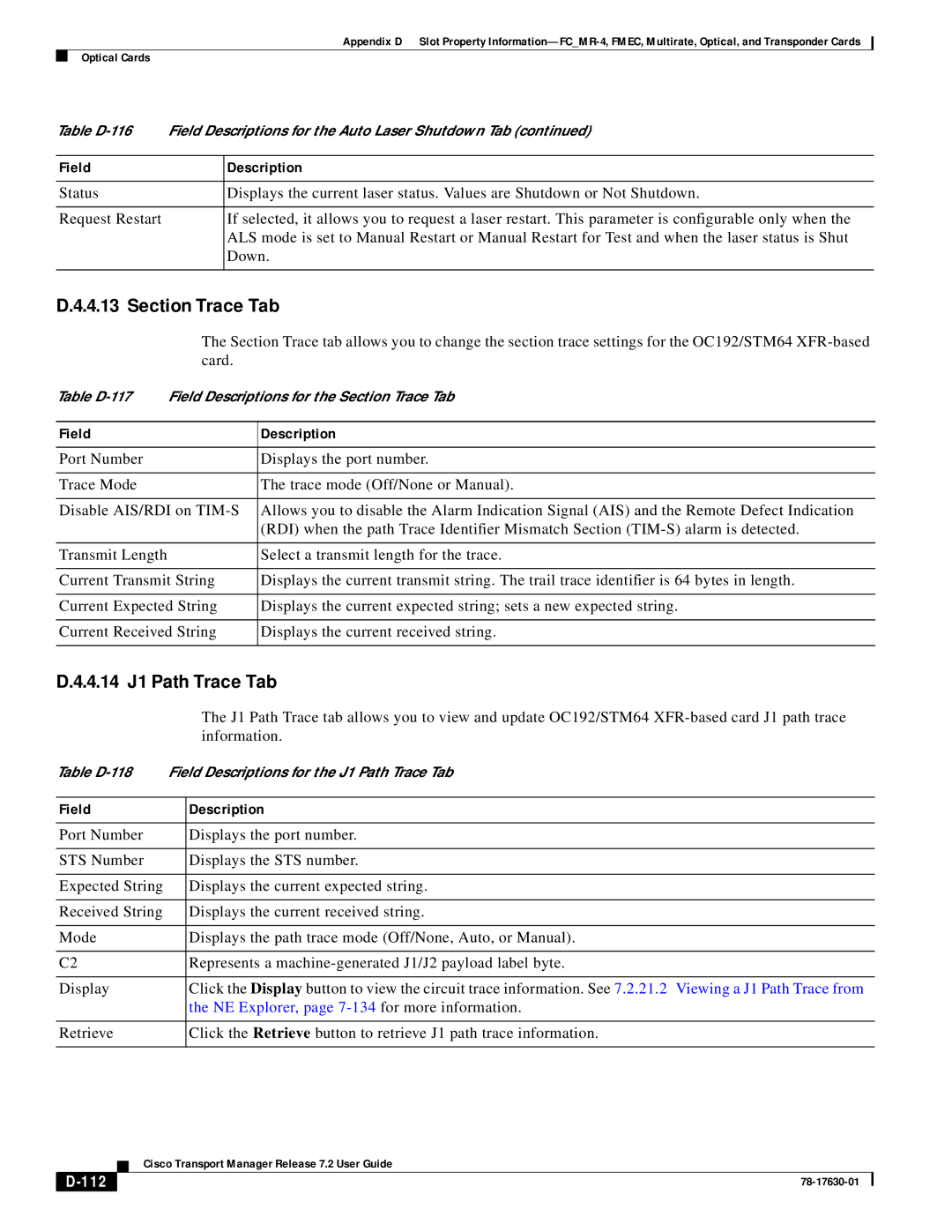 Cisco Systems 78-17630-01 appendix Section Trace Tab, 4.14 J1 Path Trace Tab, 112 