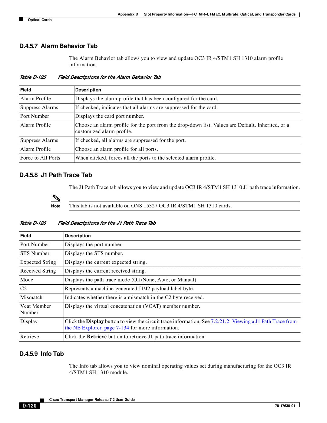 Cisco Systems 78-17630-01 appendix 5.8 J1 Path Trace Tab, 120 