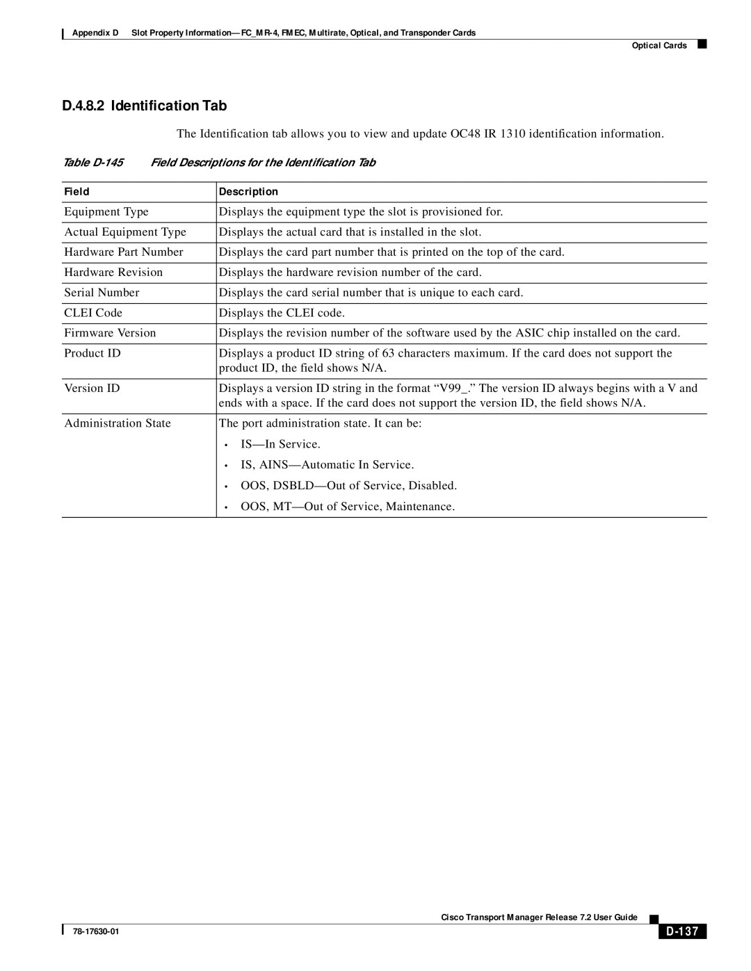 Cisco Systems 78-17630-01 appendix Identification Tab, 137 