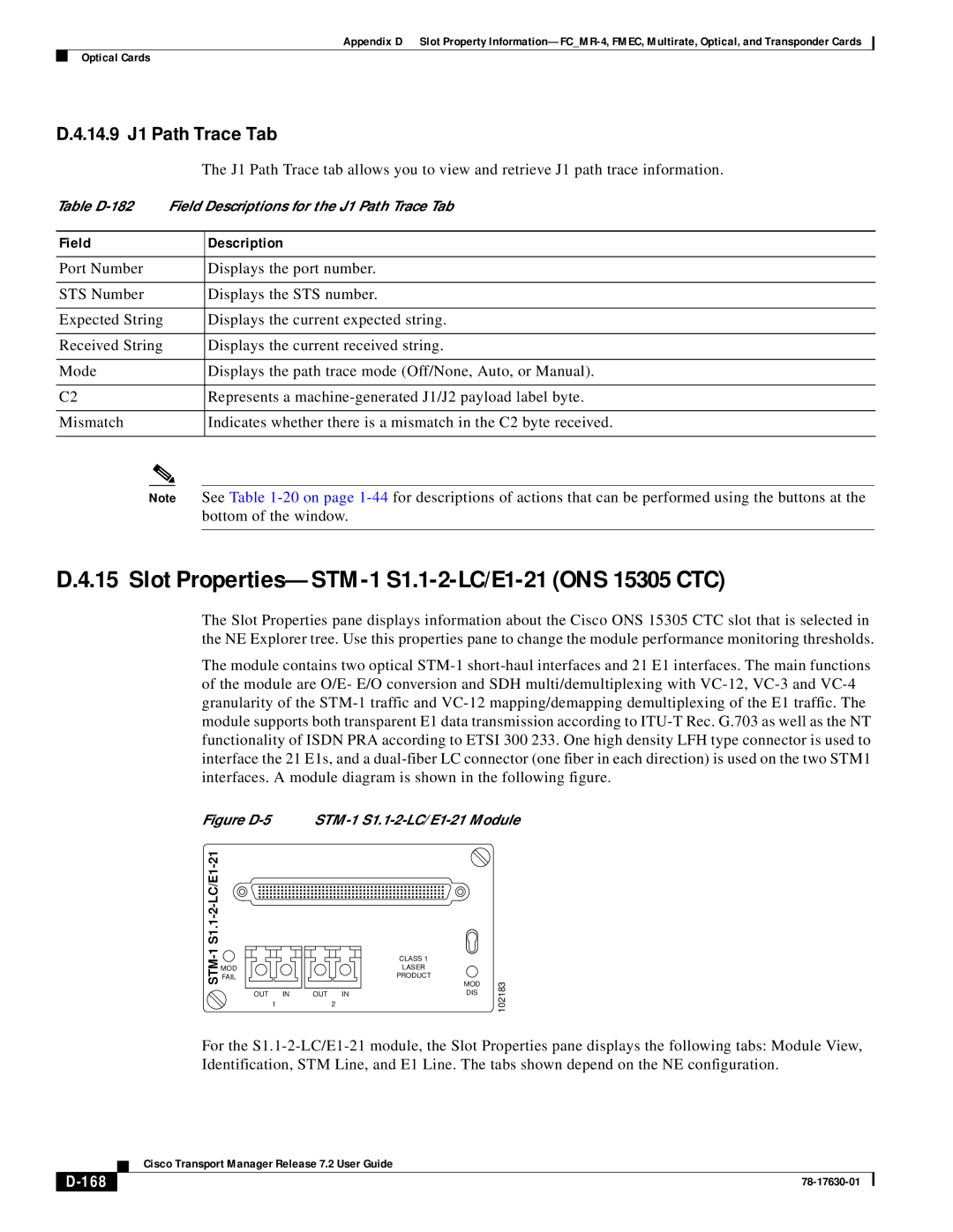 Cisco Systems 78-17630-01 appendix Slot Properties-STM-1 S1.1-2-LC/E1-21 ONS 15305 CTC, 14.9 J1 Path Trace Tab, 168 