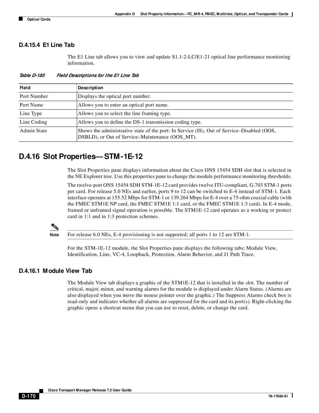 Cisco Systems 78-17630-01 appendix Slot Properties-STM-1E-12, 15.4 E1 Line Tab, 170 