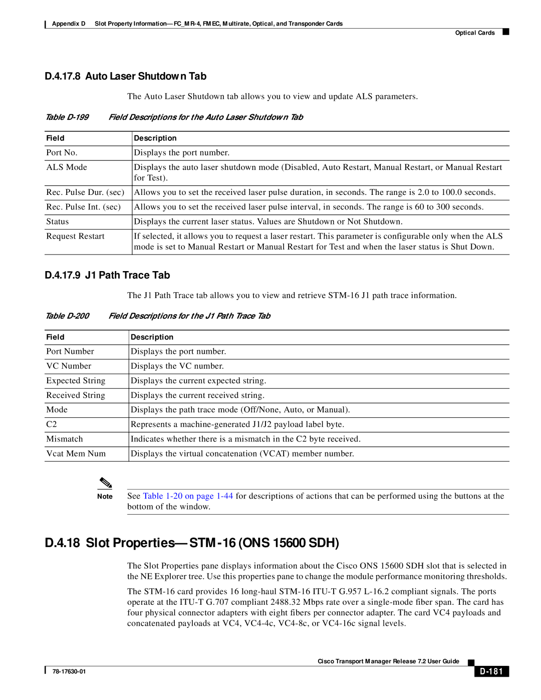 Cisco Systems 78-17630-01 appendix Slot Properties-STM-16 ONS 15600 SDH, 17.9 J1 Path Trace Tab, 181 