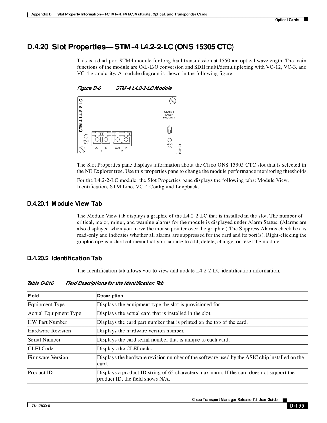 Cisco Systems 78-17630-01 appendix Slot Properties-STM-4 L4.2-2-LC ONS 15305 CTC, 195 