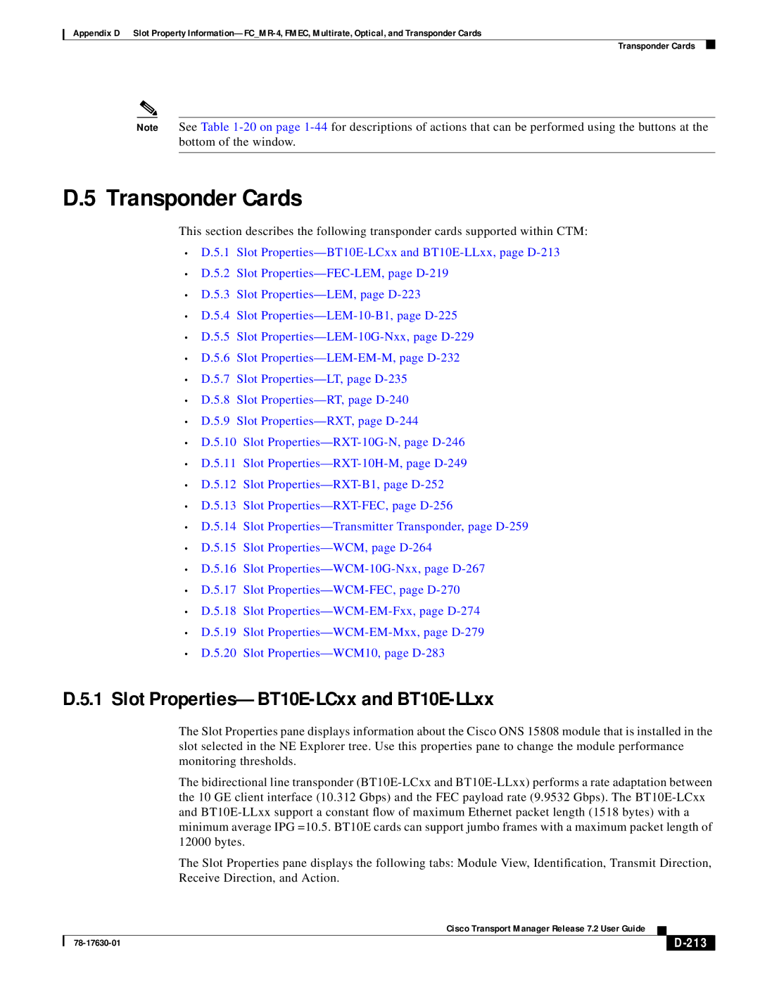 Cisco Systems 78-17630-01 appendix Slot Properties-BT10E-LCxx and BT10E-LLxx, 213 