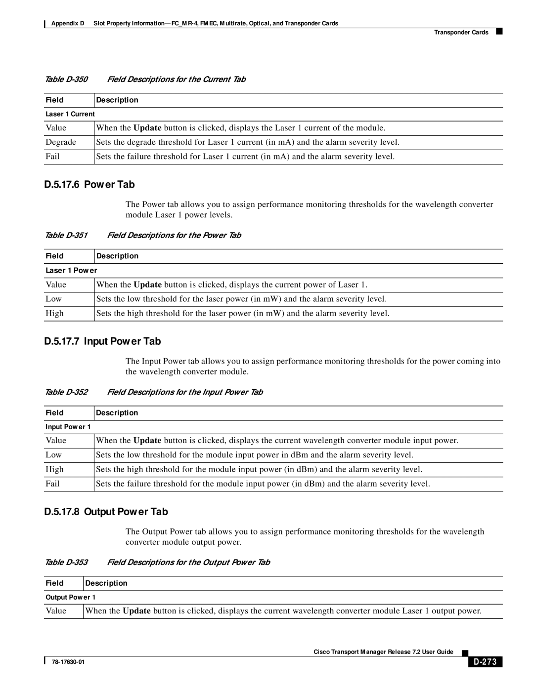 Cisco Systems 78-17630-01 appendix Field Description Laser 1 Power, 273 