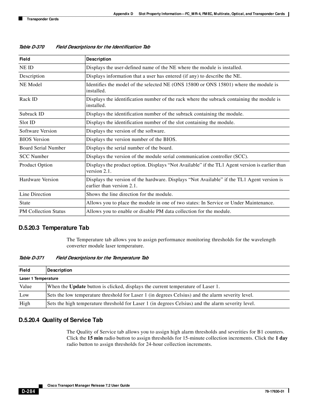 Cisco Systems 78-17630-01 appendix Temperature Tab, 284 