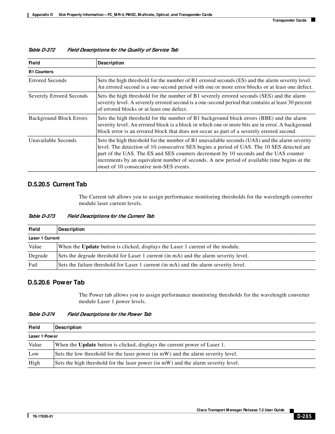 Cisco Systems 78-17630-01 appendix Current Tab, 285 