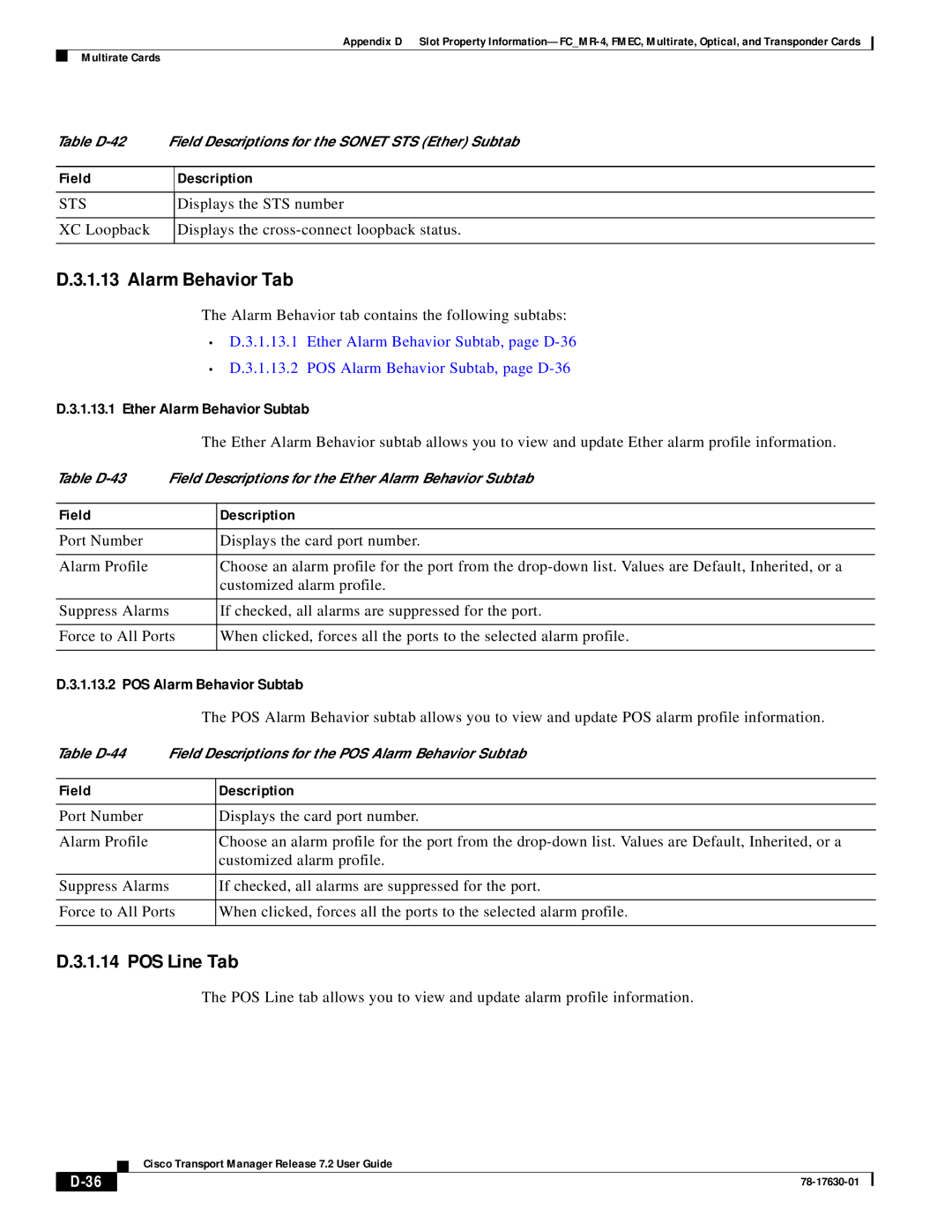 Cisco Systems 78-17630-01 appendix POS Line Tab, Ether Alarm Behavior Subtab, POS Alarm Behavior Subtab 