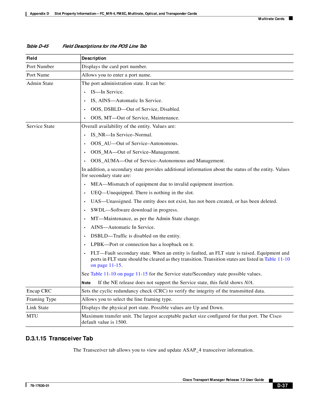 Cisco Systems 78-17630-01 appendix Transceiver Tab, Mtu 