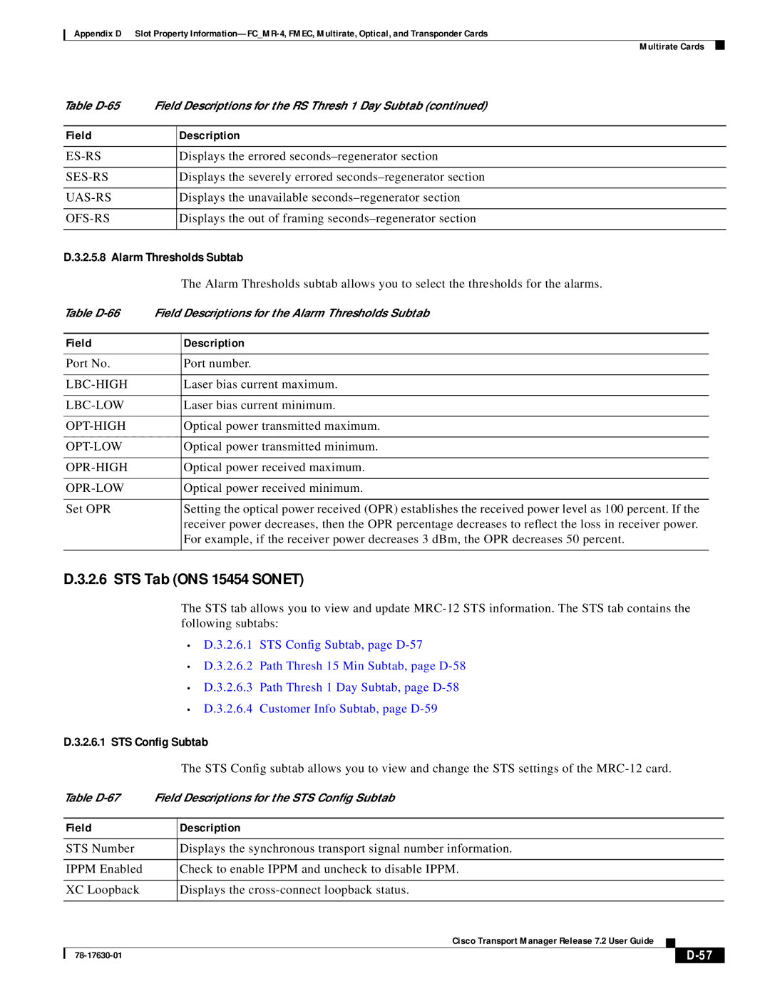 Cisco Systems 78-17630-01 appendix STS Tab ONS 15454 Sonet, Alarm Thresholds Subtab 