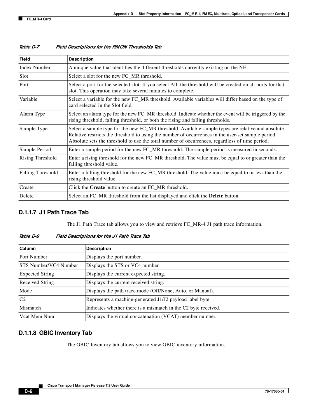 Cisco Systems 78-17630-01 appendix 1.7 J1 Path Trace Tab, Gbic Inventory Tab 