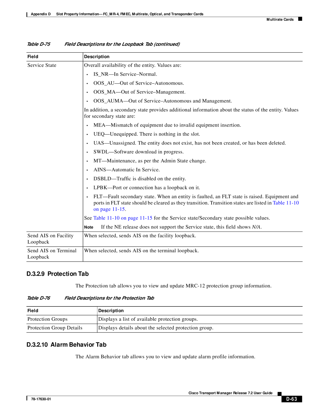 Cisco Systems 78-17630-01 appendix Table D-76 Field Descriptions for the Protection Tab 