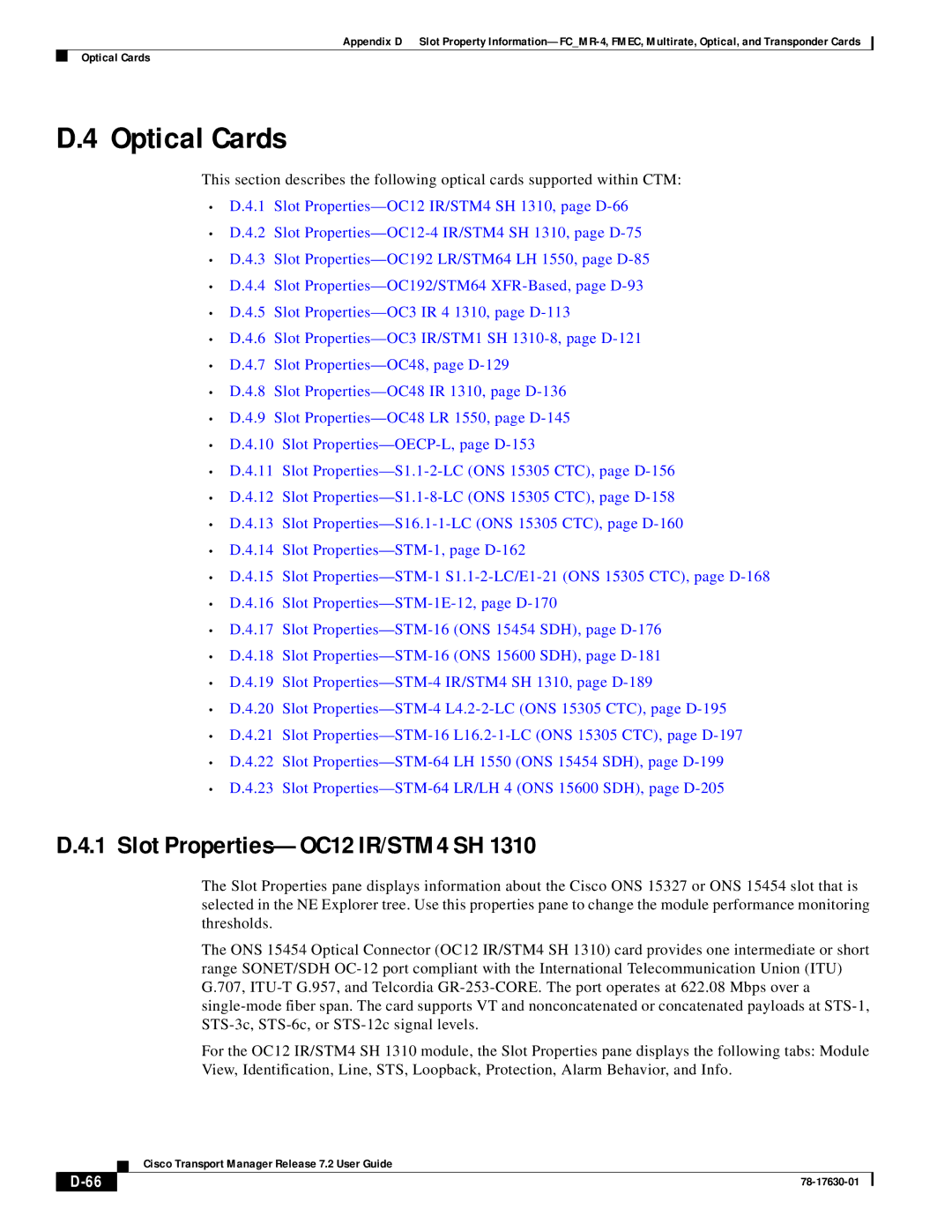 Cisco Systems 78-17630-01 appendix Optical Cards, Slot Properties-OC12 IR/STM4 SH 