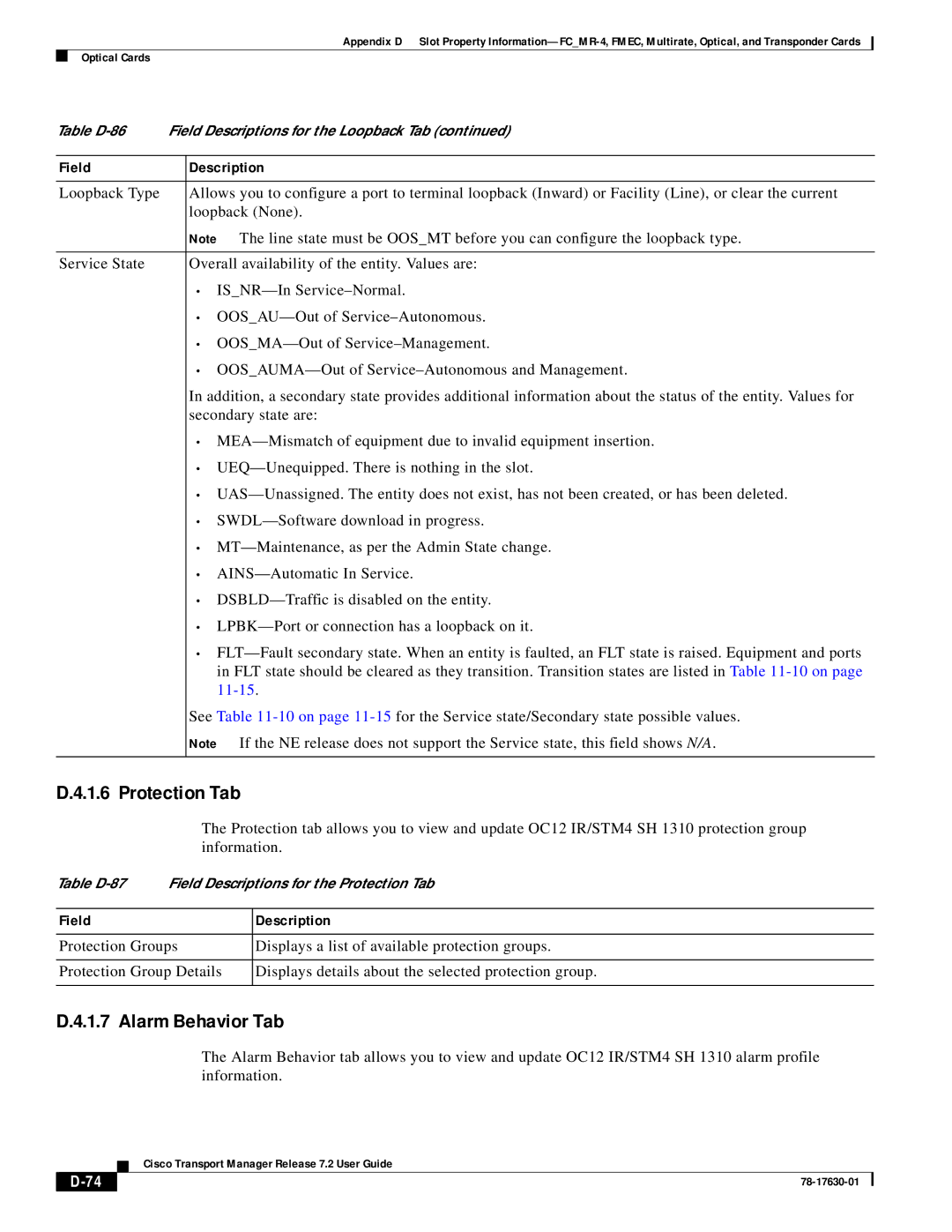 Cisco Systems 78-17630-01 appendix Table D-87 Field Descriptions for the Protection Tab 