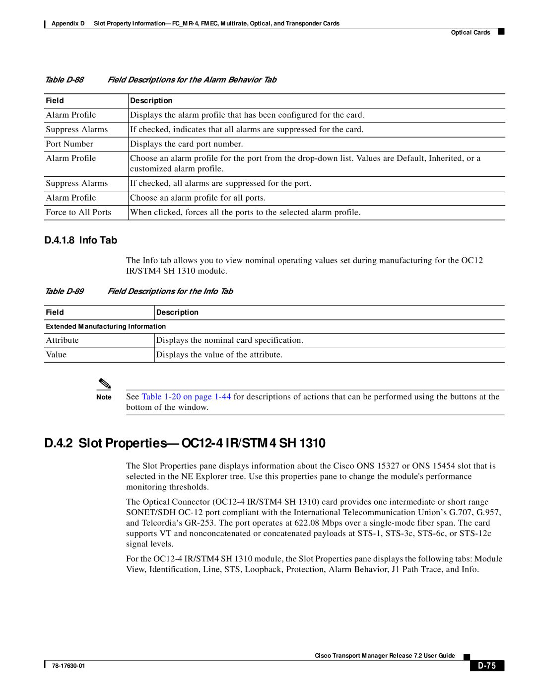 Cisco Systems 78-17630-01 appendix Slot Properties-OC12-4 IR/STM4 SH, Info Tab 